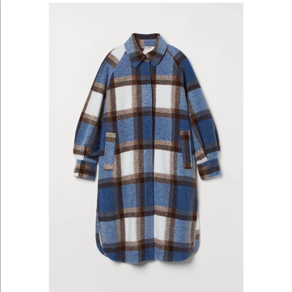 H&M Oversized Coat Blue Checked Knee-length Size SMALL Trendy